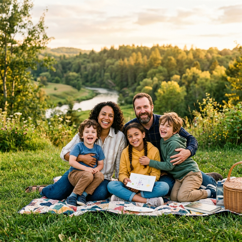 Family of four smiling on a picnic blanket beside a river valley